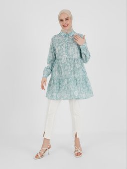 Çiçek Desenli Pamuk Vual Nil Yeşili Tunik