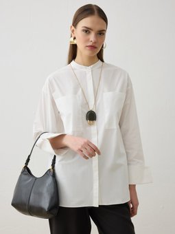 Geniş Manşetli Cep Detaylı Poplin Beyaz Tunik