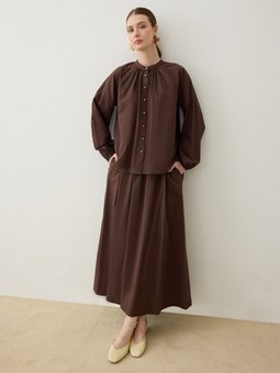 Gold Düğmeli Gömlek & Etek Kahverengi Takım