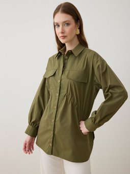 Haki Cep Detaylı Poplin Gömlek