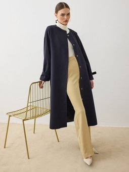 Kaplama Düğme Detaylı Bisiklet Yaka Basic Exclusive Trençkot Lacivert