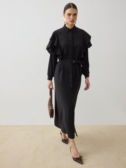 Volan Detaylı Kuşaklı Siyah Elbise