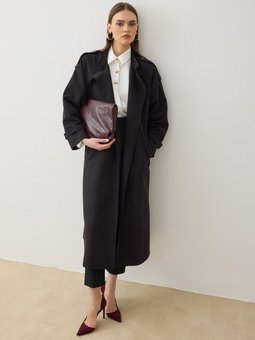 Yakası Bağlama Detaylı Basic Exclusive Trençkot Siyah