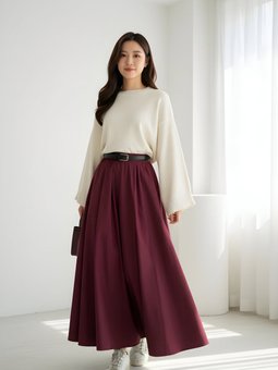 Bordo Poplin Bel Lastikli Çift Cepli Etek