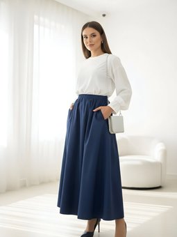 Lacivert Poplin Bel Lastikli Çift Cepli Etek