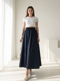 Lacivert Poplin Bel Lastikli Çift Cepli Etek