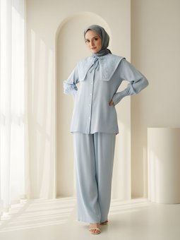 Mavi İkili Yaka Nakışlı Bilek Gipeli Modal Takım