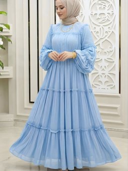 Mavi Şifon Fırfırlı Elbise