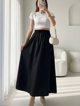 Siyah Poplin Bel Lastikli Çift Cepli Etek