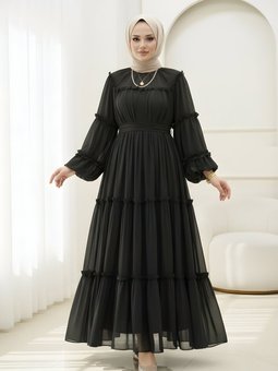 Siyah Şifon Fırfırlı Elbise