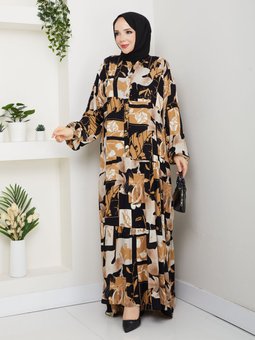 Yarım Patlı Düğmeli Viskon Bisküvi Elbise