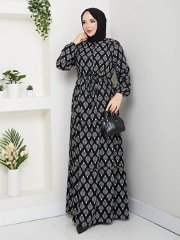 Yarım Patlı Düğmeli Viskon Siyah Elbise