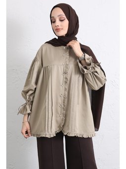 Kol Büzgülü Fırfırlı Haki Gömlek