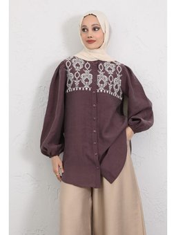 Nakış Detaylı Balon Kol Mürdüm Gömlek