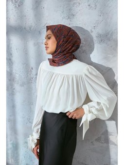 Pamuk Polyester Soft Eşarp Kızıl Kahve Geometrik D