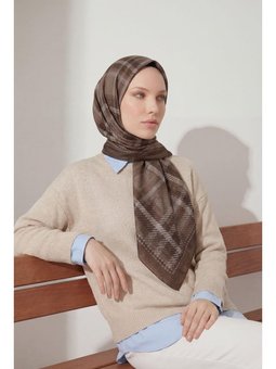 Viskon Velora Eşarp Dört Mevsim Ekose Desen Kahver