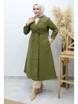Beli Büzgülü Fermuar Detaylı Haki Trençkot