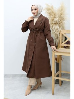 Beli Büzgülü Fermuar Detaylı Kahverengi Trençkot