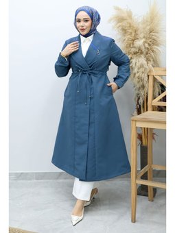 Beli Büzgülü Fermuar Detaylı Mavi Trençkot