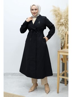Beli Büzgülü Fermuar Detaylı Siyah Trençkot