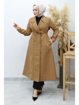 Beli Büzgülü Fermuar Detaylı Taba Trençkot