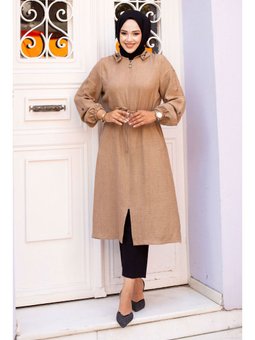 Beli İp Büzgülü Kapüşonlu Vizon Kap