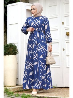 Fırça Desenli Beli Kuşaklı Mavi Elbise