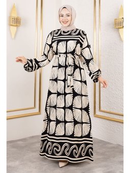 İstiridye Desenli Viskon Bej Elbise