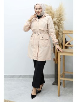 Kapüşonlu Beli Büzgülü Bej Trençkot