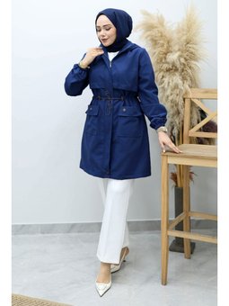 Kapüşonlu Beli Büzgülü Lacivert Trençkot