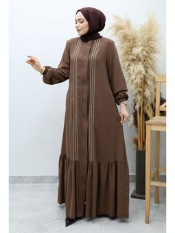 Önü Biyeli Volanlı Kahverengi Ferace