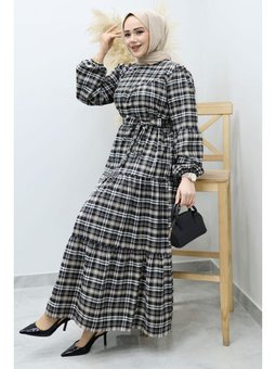 Robalı Ekose Sütlü Kahve Elbise