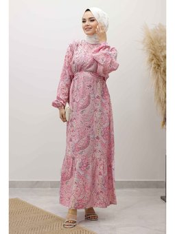 Şal Desen Kuşaklı Pembe Elbise