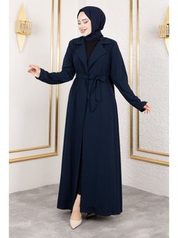 Tam Boy Beli Kuşaklı Lacivert Kap