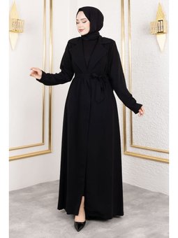 Tam Boy Beli Kuşaklı Siyah Kap