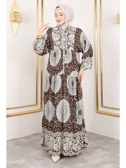 Varak Desenli Viskon Kahverengi Elbise