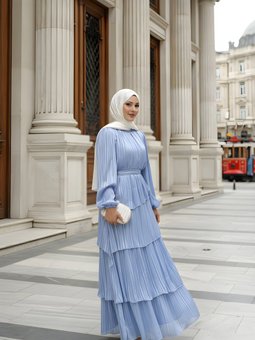 Bebe Mavisi Şifon Kuşaklı Volan Detaylı Elbise