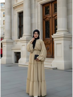 Bej Şifon Fırfır Geçişli Elbise