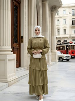 Haki Volan Detaylı Kuşaklı Şifon Elbise