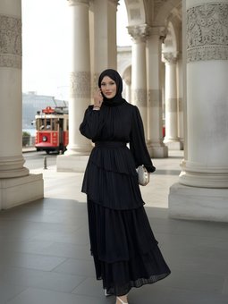 Siyah Volan Detaylı Kuşaklı Şifon Elbise