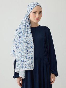 Kraşlı Çıtır Mavi Çiçek Desenli Şal