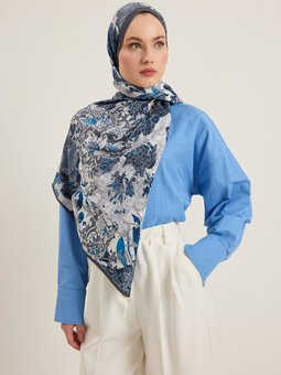Kraşlı Lacivert Gri Desenli Şal