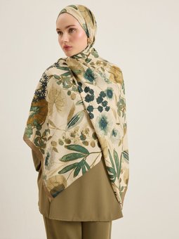 Kraşlı Yeşil Çiçek Desenli Şal