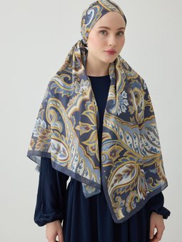 Lacivert Etnik Desen Şal