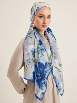 Mavi Çiçek Desen Şal
