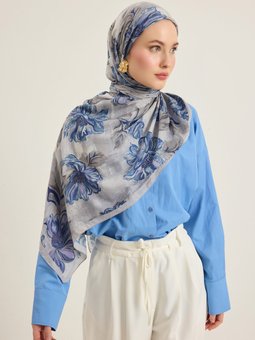 Mavi Çiçek Desenli Şal