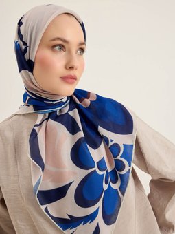 Mavi Çiçek Desenli Soft Eşarp