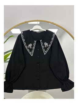 Bebe Yaka Nakış Detaylı Siyah Bluz