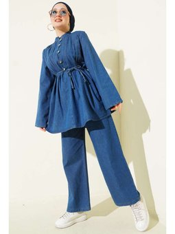 Brit Düğmeli Kot İkili Takım Mavi