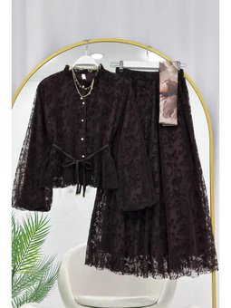 Fransız Dantel Etekli Kahverengi Takım